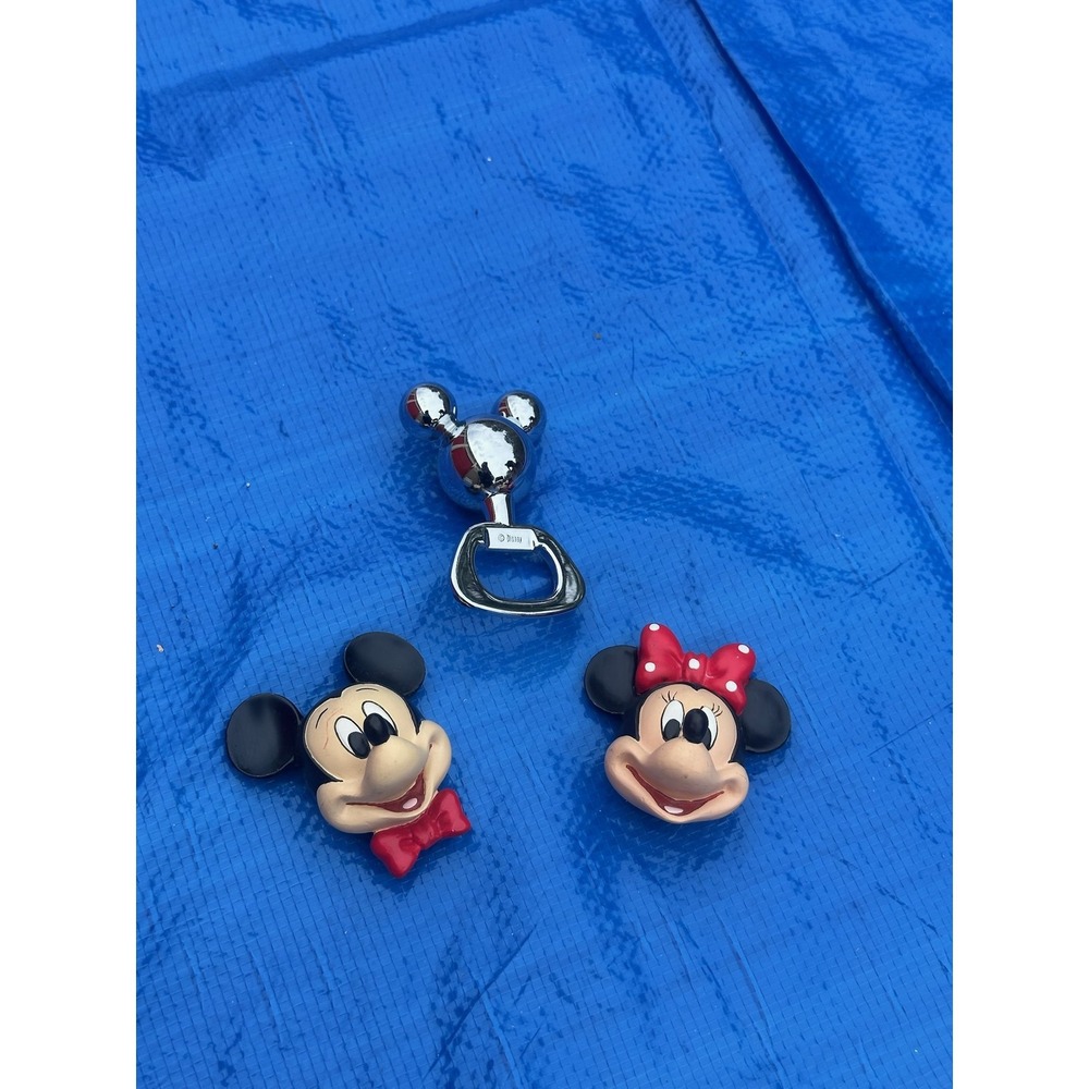 Disney Mickey Minnie Mouse Head Figurines & Chrome Bottle Opener Set